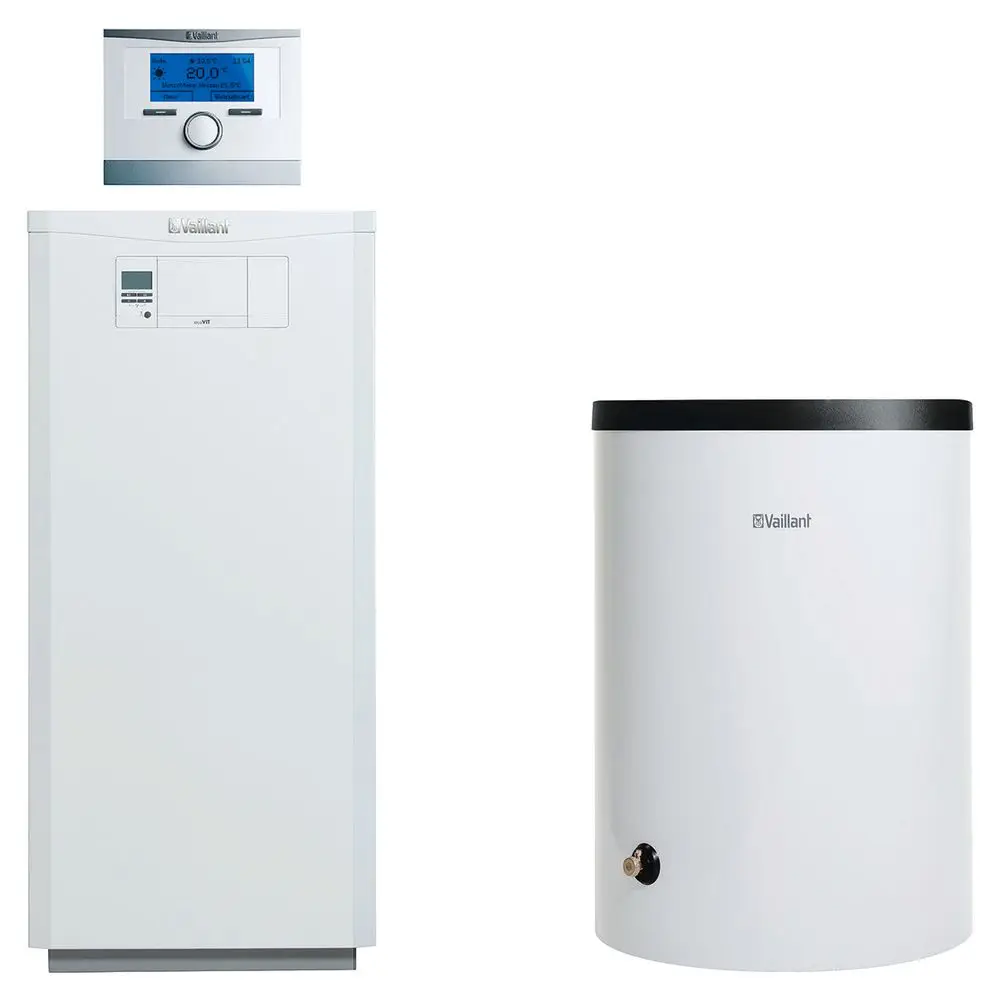 Vaillant Heizgerät mit digitalem Display oben und einem weißen Pufferspeicher darunter, beide in klassischem Design und funktionaler Bauweise.
